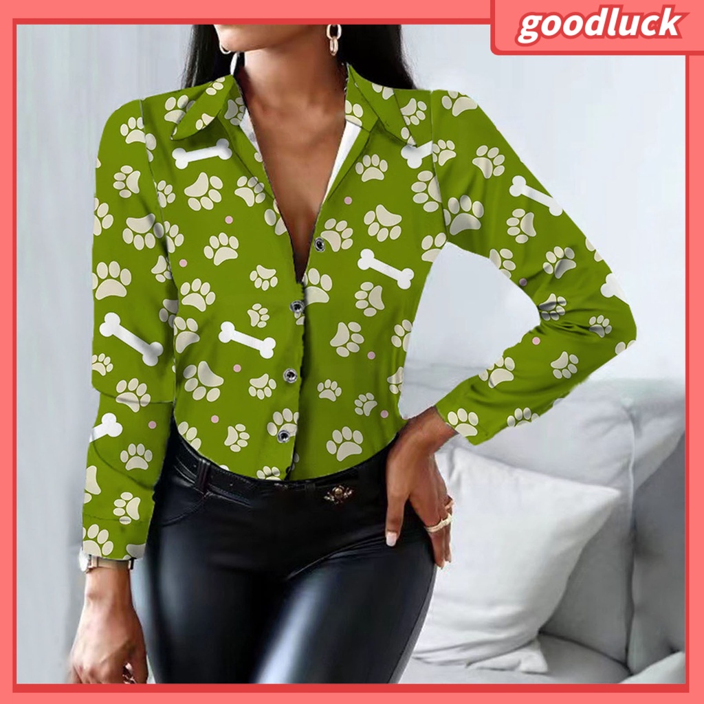 Áo Sơ Mi Tay Dài Cổ Bẻ In Họa Tiết Bò Sữa Thời Trang Công Sở Cho Nữ
