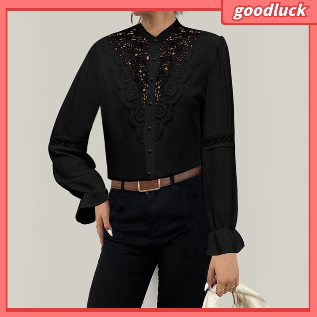 [ULK] Áo Sơ Mi Tay Dài Loe Cổ Đứng Phối Ren Rỗng Thanh Lịch Cho Nữ