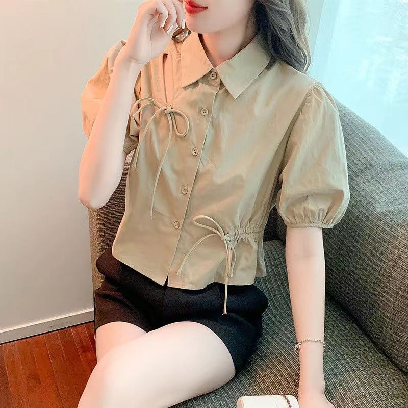 Áo Sơ Mi Tay Ngắn Phồng Ngắn Phối Dây Rút Thời Trang Mùa Hè Hàn Quốc Mới Cho Nữ