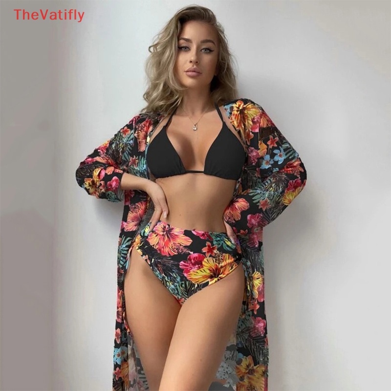 Bộ Đồ Bơi Ba Mảnh Phối Lưới In Họa Tiết Quyến Rũ Chống Nắng Cho Nữ