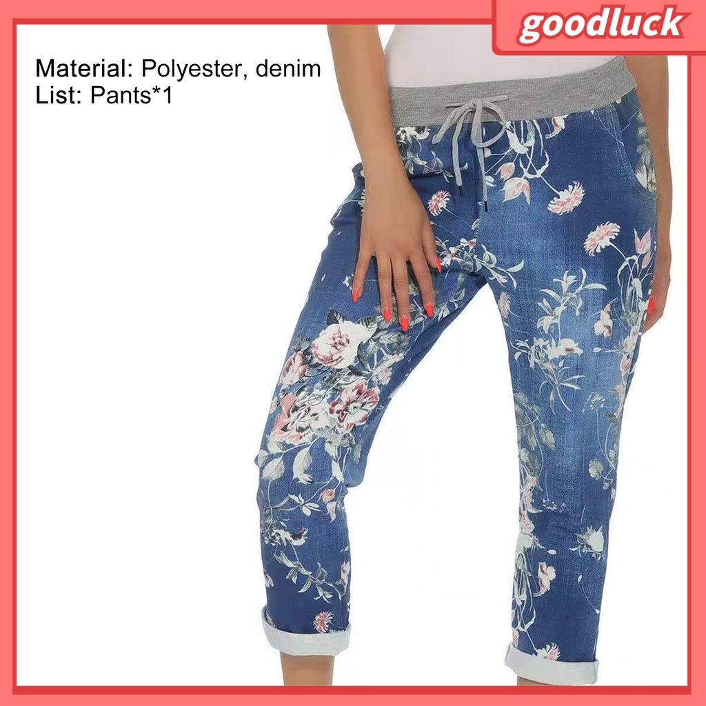 Quần Jeans Lưng Thun Có Túi In Hình Hoa Dành Cho Nữ