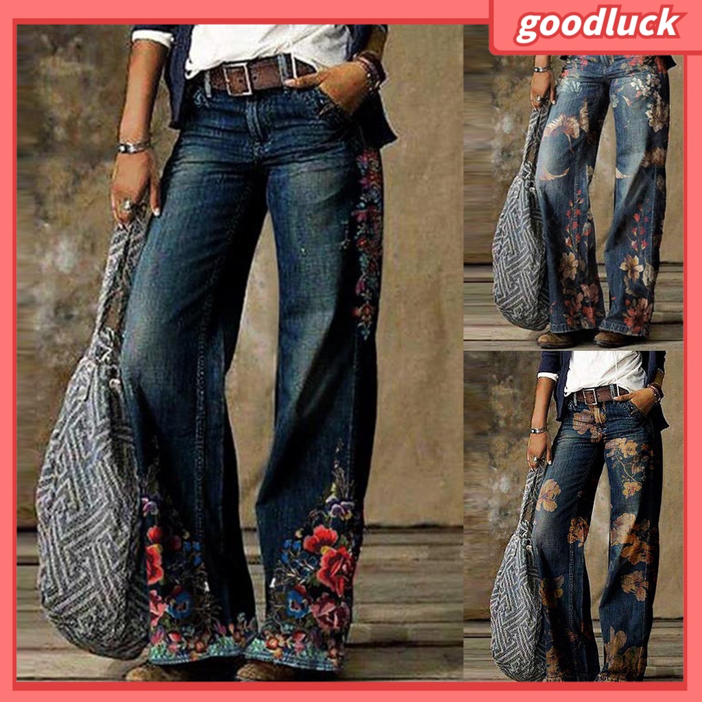 Quần Jean Dài Ống Rộng Lưng Cao In Họa Tiết Hoa Phong Cách Cổ Điển Thời Trang Cho Nữ