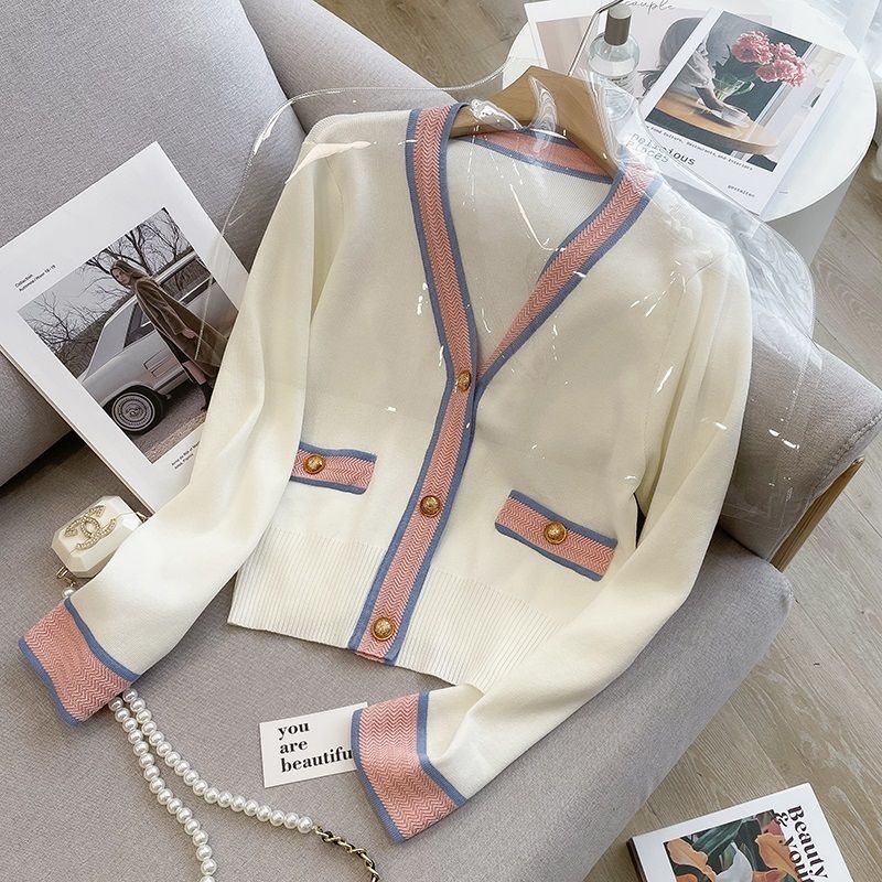 Áo Khoác Cardigan Dệt Kim Cổ Chữ V Màu Sắc Tương Phản Thời Trang Xuân Hè 2023 Cho Nữ214308