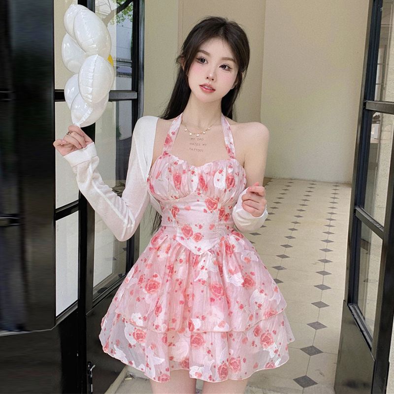 Đầm Hoa Hai Dây Phồng Ôm Eo Màu Trơn Ngọt Ngào Mới Cho Nữ