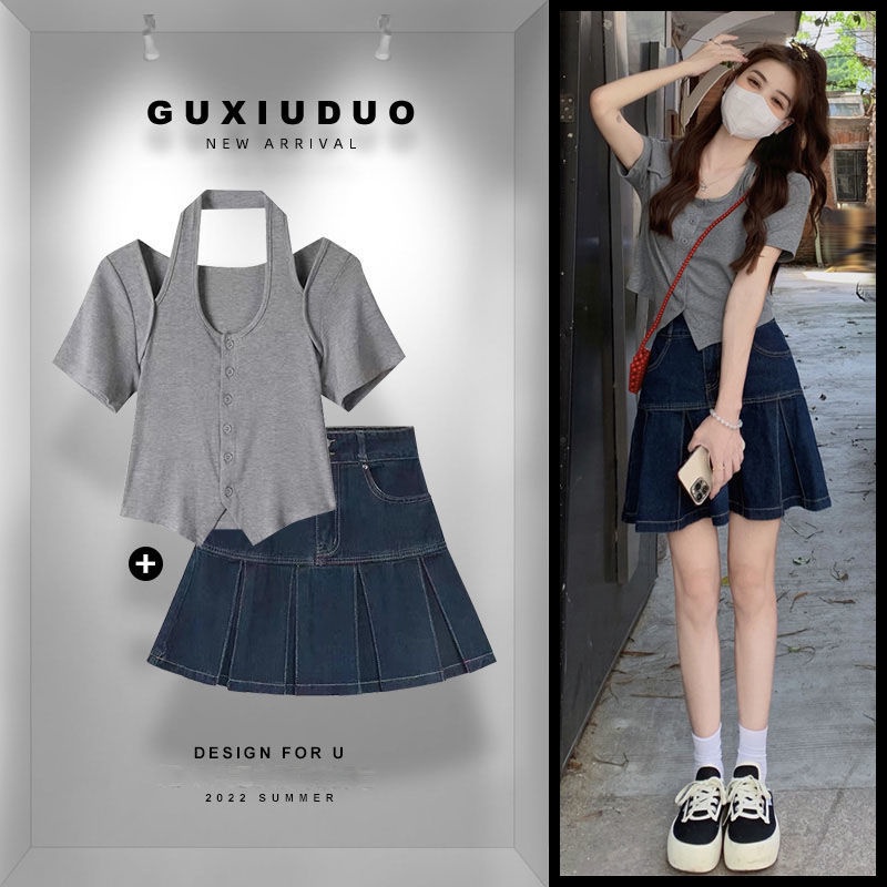 Set Áo Thun Ngắn Tay Và Chân váy jean Thời Trang Mới Cho Nữ