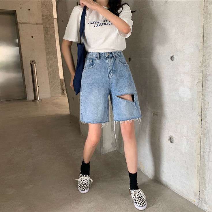 Quần Short Denim Lưng Cao Ống Rộng Phối Rách Thời Trang Mùa Hè 2023 Cho Nữ