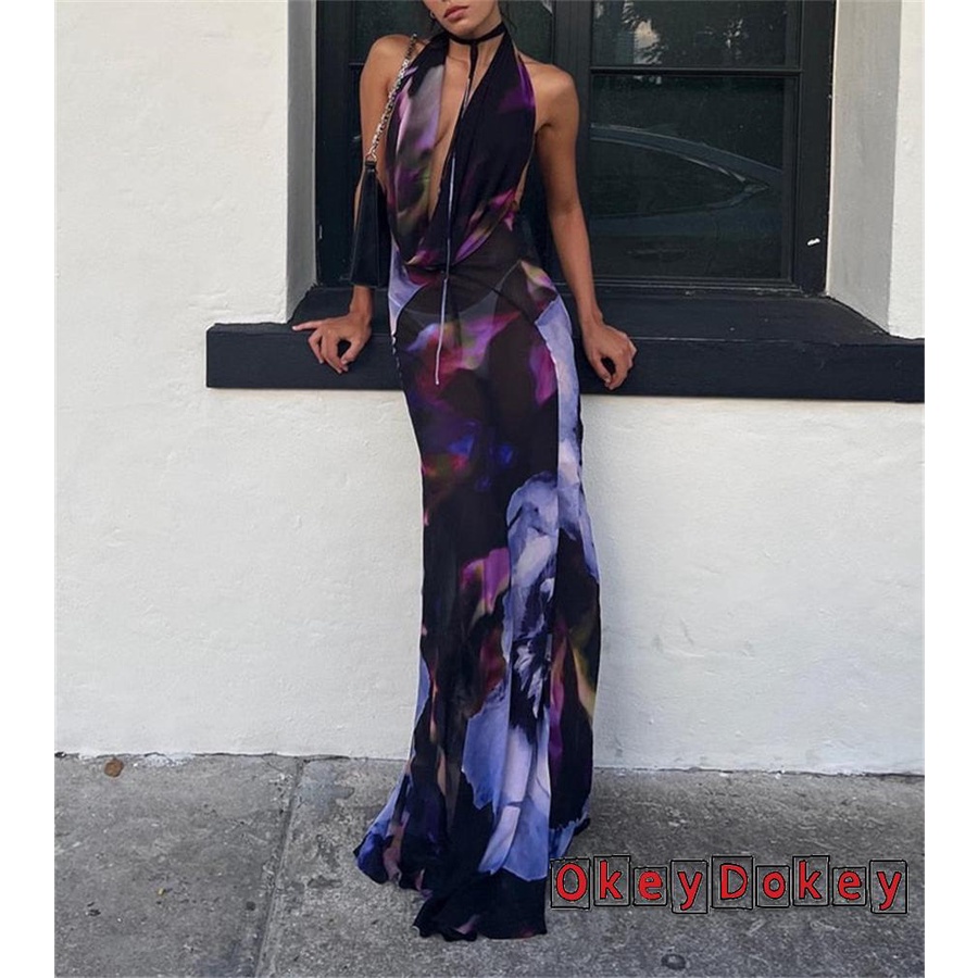 Đầm Midi Sát Nách Hở Lưng Dáng Dài In Họa Tiết Thời Trang Mùa Hè Cho Nữ