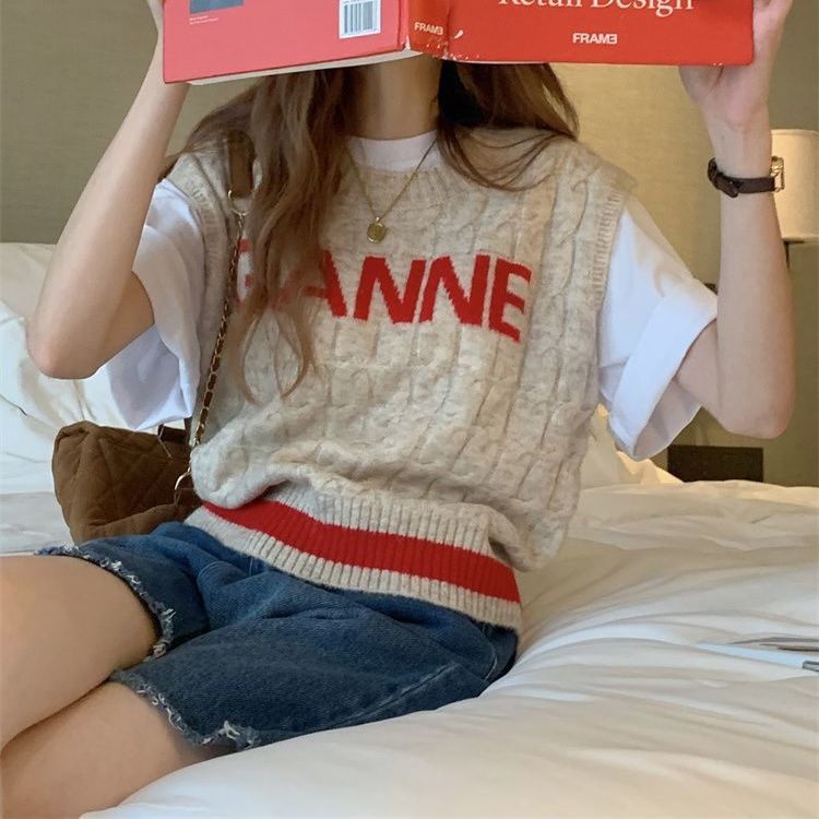 Áo Dệt Kim Sát Nách Dáng Rộng In Chữ Thời Trang Mới Cho Nữ