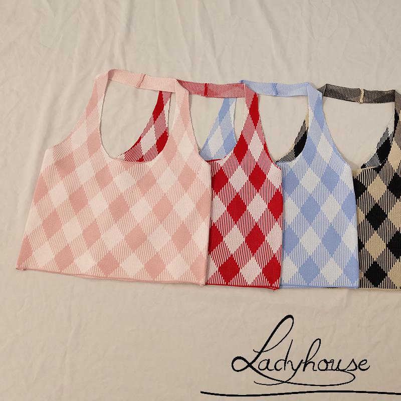 Áo Croptop Hai Dây Không Tay In Họa Tiết Caro Thời Trang Mùa Hè Cho Nữ