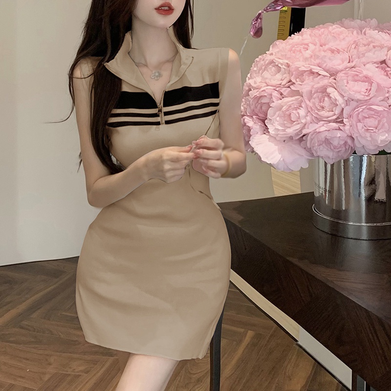 Đầm Dệt Kim Sát Nách Nhấn Eo Họa Tiết Kẻ Sọc Có Khóa Kéo Cho Nữ