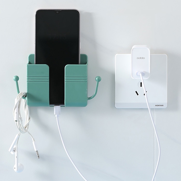 Giá Đỡ Dán Tường Để Sạc Điện Thoại, Remote, Ổ Cắm/ Kệ Đựng Đồ Dán Tường Kèm 2 Móc Treo Đồ