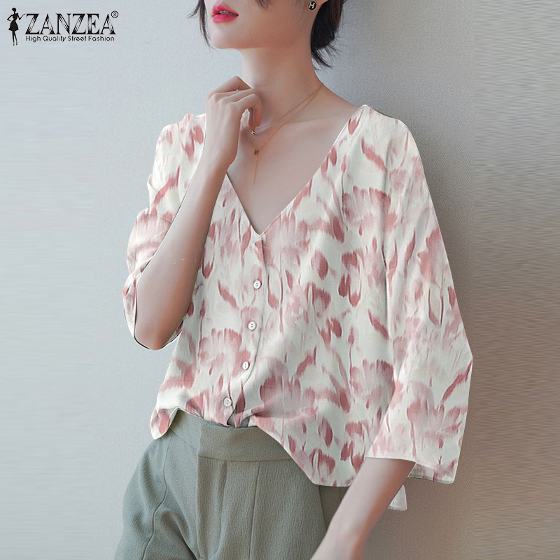 ZANZEA Áo Sơ Mi Tay Lỡ 3 / 4 Cổ Chữ V In Họa Tiết Thời Trang Phong Cách Hàn Quốc Cho Nữ