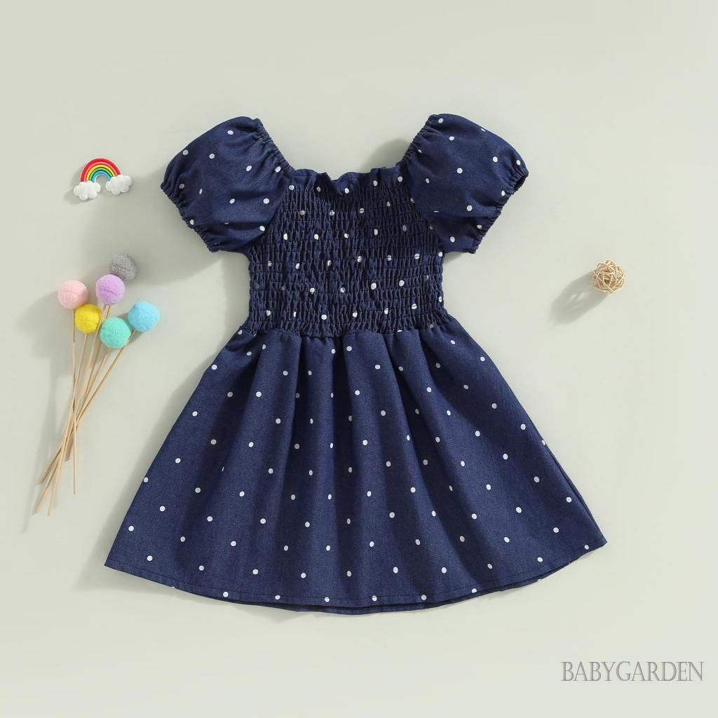 Đầm Denim Tay Ngắn Phồng Họa Tiết Chấm Bi Màu Xanh Dương Thời Trang Mùa Hè Cho Bé Gái 1-6 Tuổi