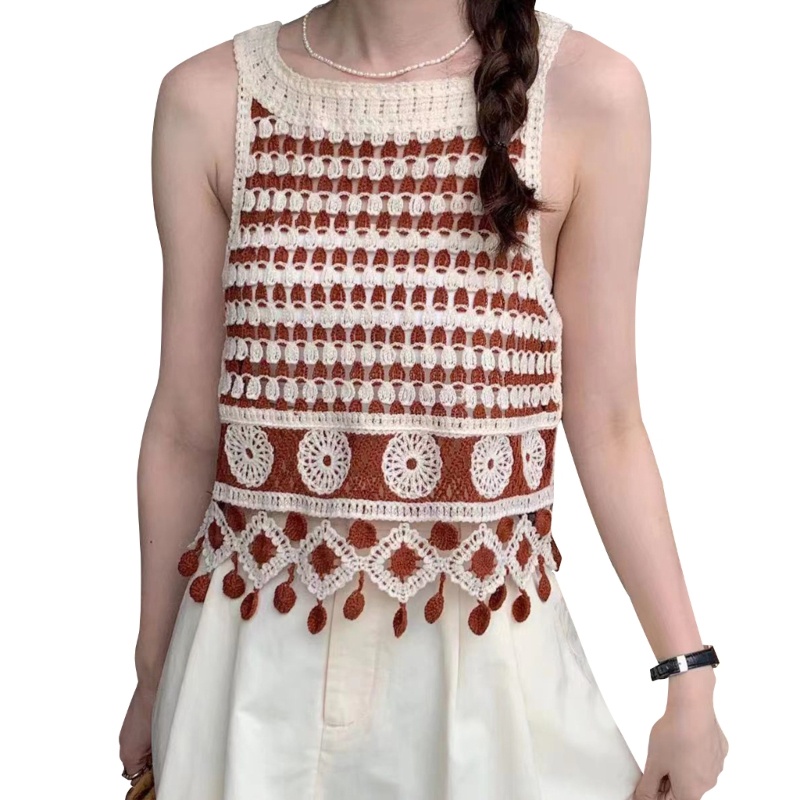 Áo Sweater Dệt Kim Cổ Tròn Không Tay Viền Ren Dễ Thương Cho Bạn Gái