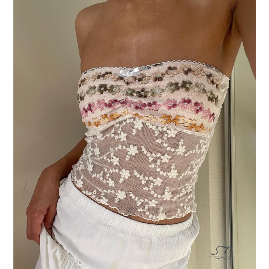 Áo Croptop Không Tay Xuyên Thấu Họa Tiết Hoa Thời Trang Đường Phố CY03