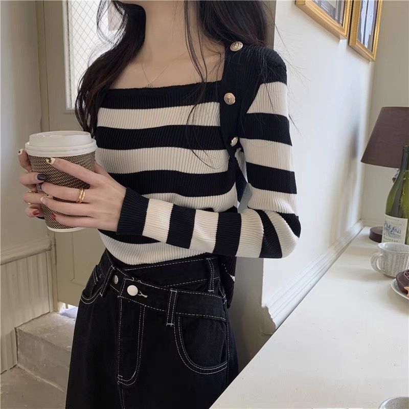 [Hàng Quảng Châu]SP456 Áo len nữ cổ tam giác đính khuy sang trọng