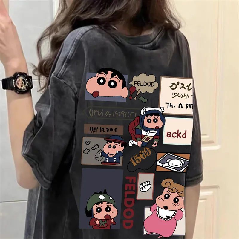 Áo Thun Cotton Tay Ngắn In Họa Tiết Hoạt Hình Cậu Bé Bút Chì Phong Cách Retro