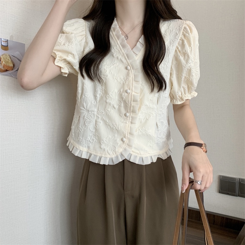 Áo Kiểu Tay Ngắn Phồng Cổ Chữ V Màu Tương Phản Thời Trang Mùa Hè Mới Cho Nữ