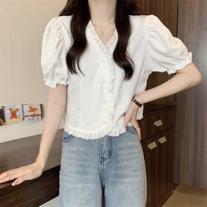 SUXI Áo Kiểu Tay Phồng Ngắn Cổ Chữ V Dáng Ôm Thời Trang Mùa Hè Hàn Quốc Cho Nữ