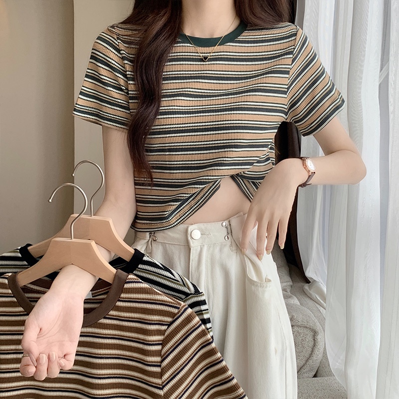 SUXI Áo Thun Ngắn Tay Cổ Tròn Họa Tiết Kẻ Sọc Phong Cách Vintage