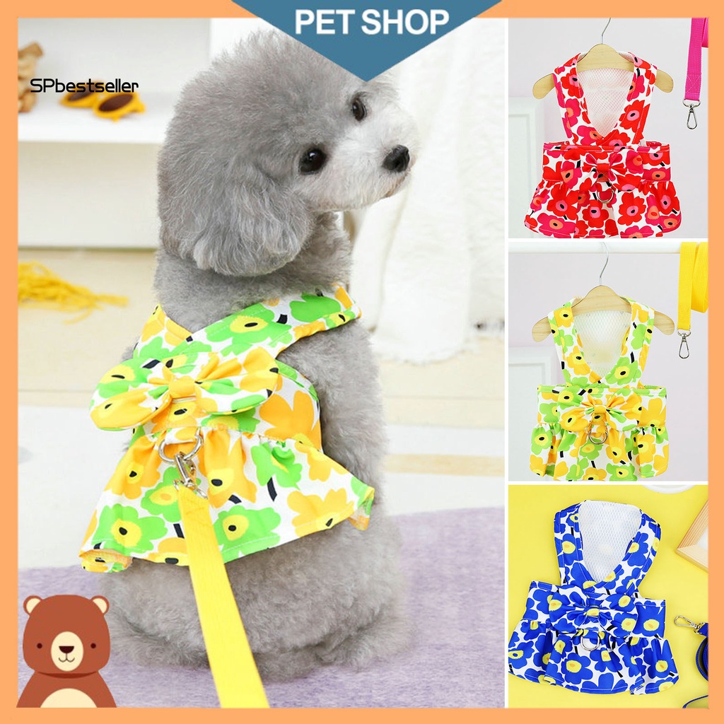 1 Bộ Đầm Không Tay In Hoa Có Dây Dắt Thú Cưng Đi Dạo