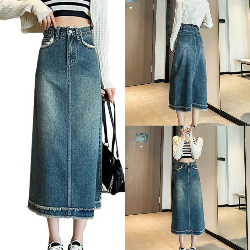 Chân váy jean Dài Dáng Chữ A Lưng Cao Thời Trang Theo Phong Cách Vintage Cho Nữ