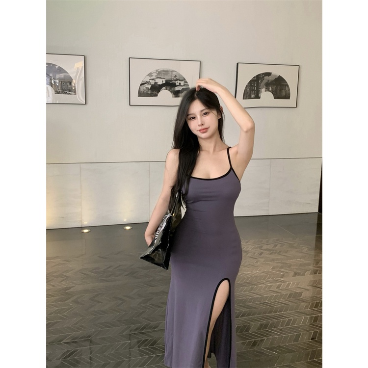 SUXI Đầm Midi Hai Dây Màu Sắc Trơn Dáng Ôm Xẻ Tà Quyến Rũ Cho Nữ