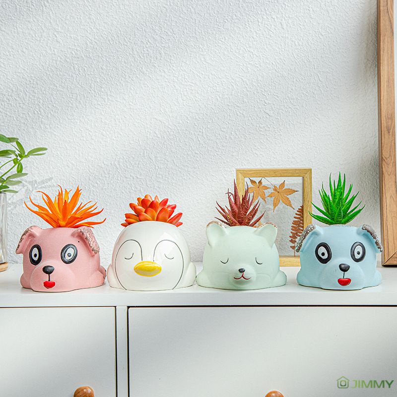 Chậu Hoa Sứ Thoáng Khí Hình Động Vật Dễ Thương Dùng Trang Trí Bàn Làm Việc