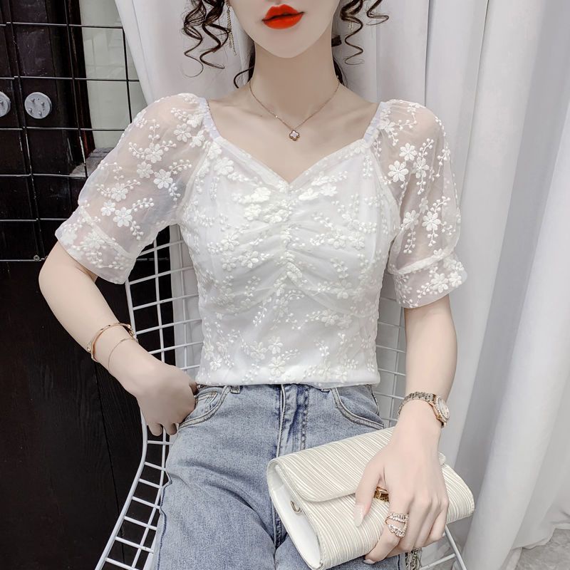 Áo Chiffon Tay Ngắn Phồng Cổ Vuông Phong Cách Pháp Thời Trang Mùa Hè 2023 Mới Cho Nữ