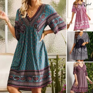 Đầm Tay Lỡ Cổ Chữ V Eo Cao Dài Đến Đầu Gối In Họa Tiết Dân Tộc Cổ Điển Thời Trang Cho Nữ