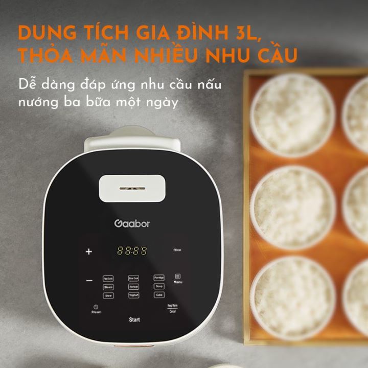 Nồi cơm điện tử 3L Gaabor GR-S30B hẹn trước 24h, 9 chế độ nấu, 500W - Chính Hãng