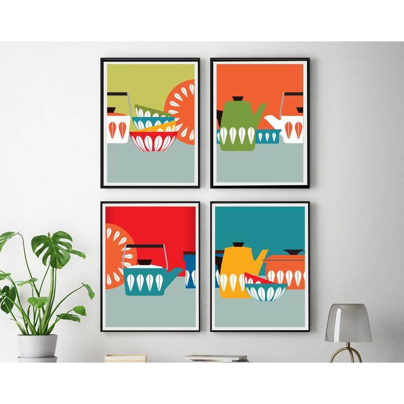 Tranh Treo Tường Vải canvas In Hình Bát Nhà Bếp Scandinavian Nhiều Màu Sắc Dễ Thương
