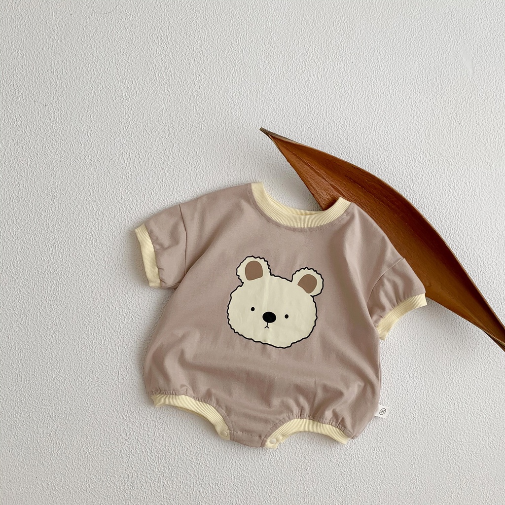 Áo Liền Quần Ngắn Tay Cổ Tròn In Hình Gấu Hoạt Hình Phong Cách Hàn Quốc Cho Bé 0-2 Tuổi