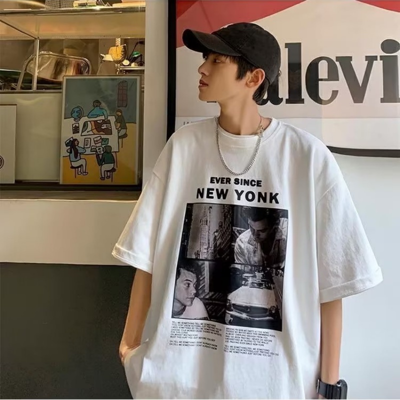 Áo Thun Nam Cổ Tròn Dáng Rộng In Chữ Phong Cách hip hop Hàn Quốc Cỡ M-5XL