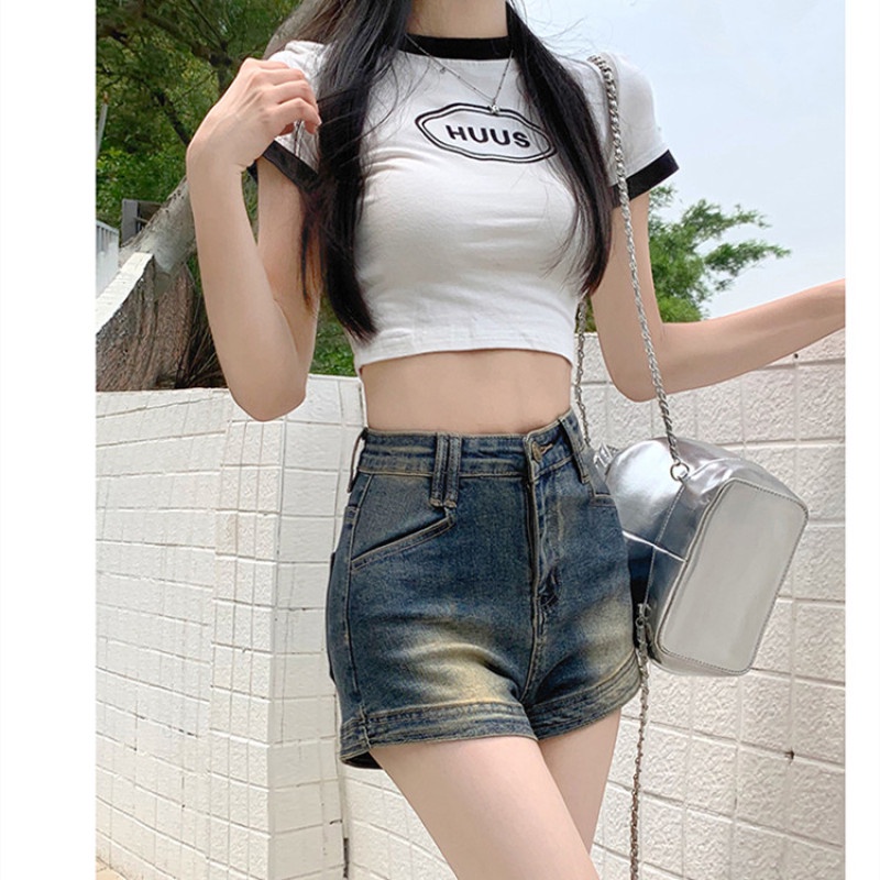 Quần Short Denim Lưng Cao Co Dãn Tốt
