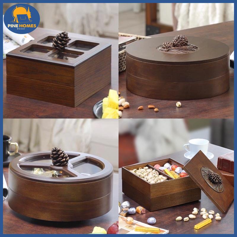(HÀNG CÓ SẴN) Khay Đựng Bánh Mứt Kẹo Tết 2024 Bằng Gỗ Hạt Dẻ 2 Tầng Hình Quả Thông Sang Trọng