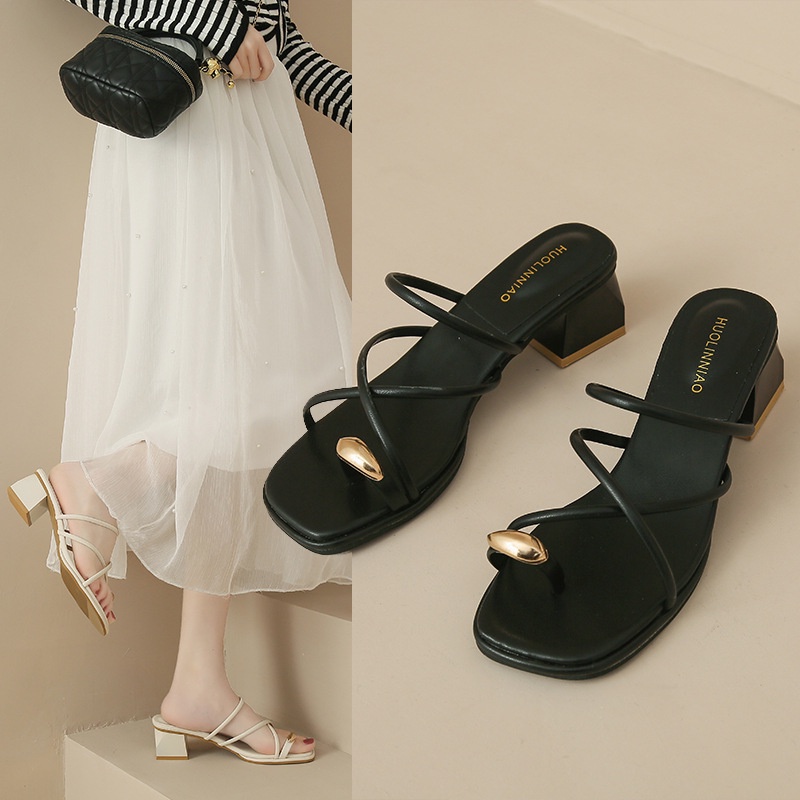 Duoya Factory Thẳng ~ [Hàng Có Sẵn] Dép Sandal Gót Dày Vừa Đính Đá Cho Nữ Miễn Phí