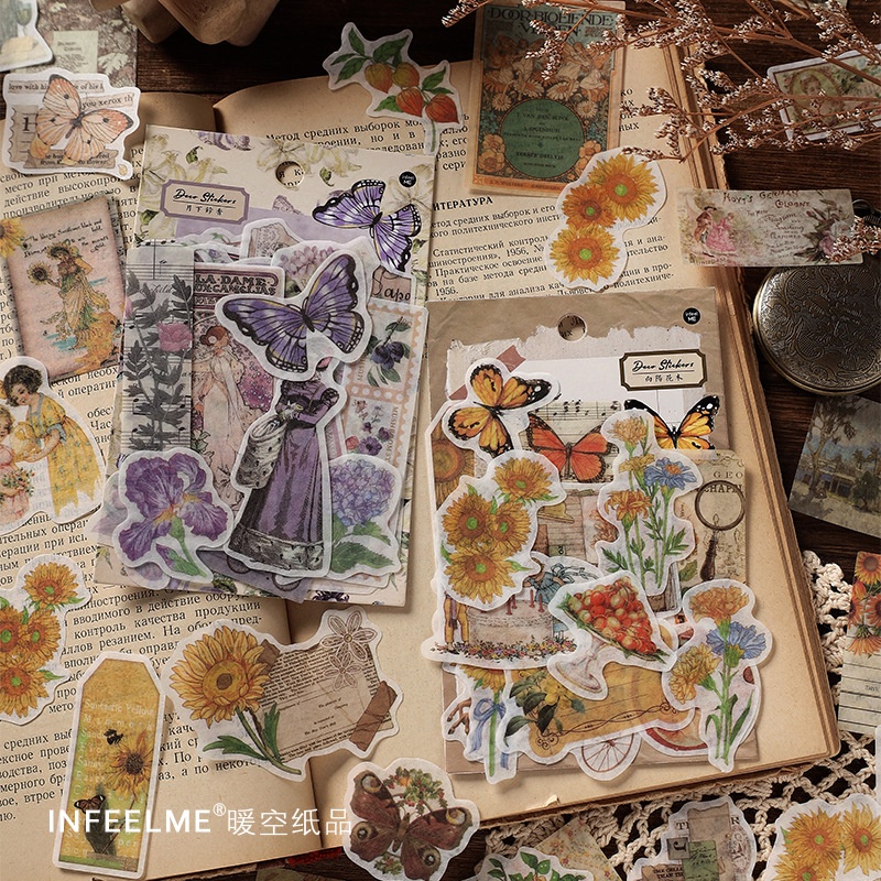 Set 100 Sticker Dán Trang Trí Sổ Tay DIY Hình Hoa Bướm Dễ Thương