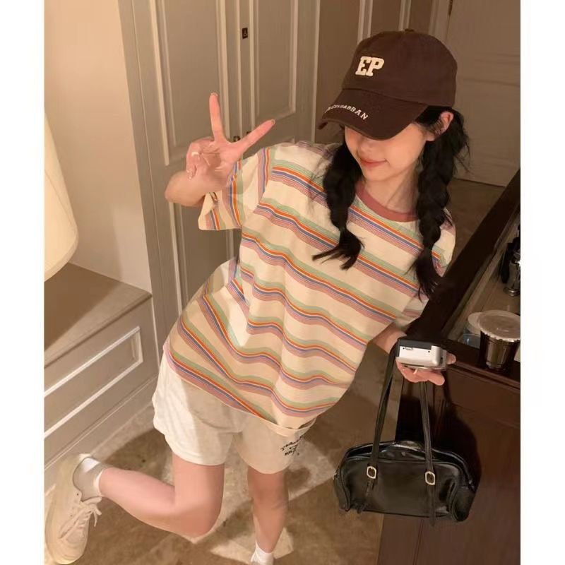 Áo Thun Tay Ngắn Cổ Tròn Dáng Rộng Họa Tiết Kẻ Sọc Thời Trang Mùa Hè Hàn Quốc 2023 Cho Nữ
