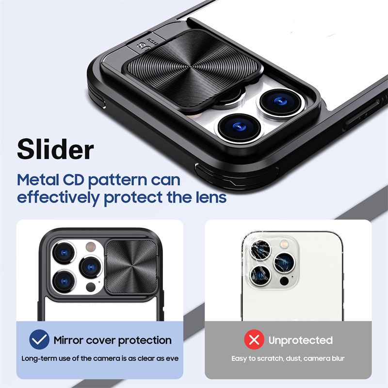 Ốp Điện Thoại Cứng Trong Suốt Nắp Trượt Bảo Vệ Ống Kính Máy Ảnh Cho iPhone 14 Plus 11 12 13 14 Pro Max