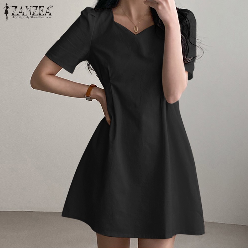 ZANZEA Đầm Ngắn Tay Cổ Vuông Xếp Ly Lưng Phối Khóa Kéo Thời Trang Hàn Quốc Cho Nữ