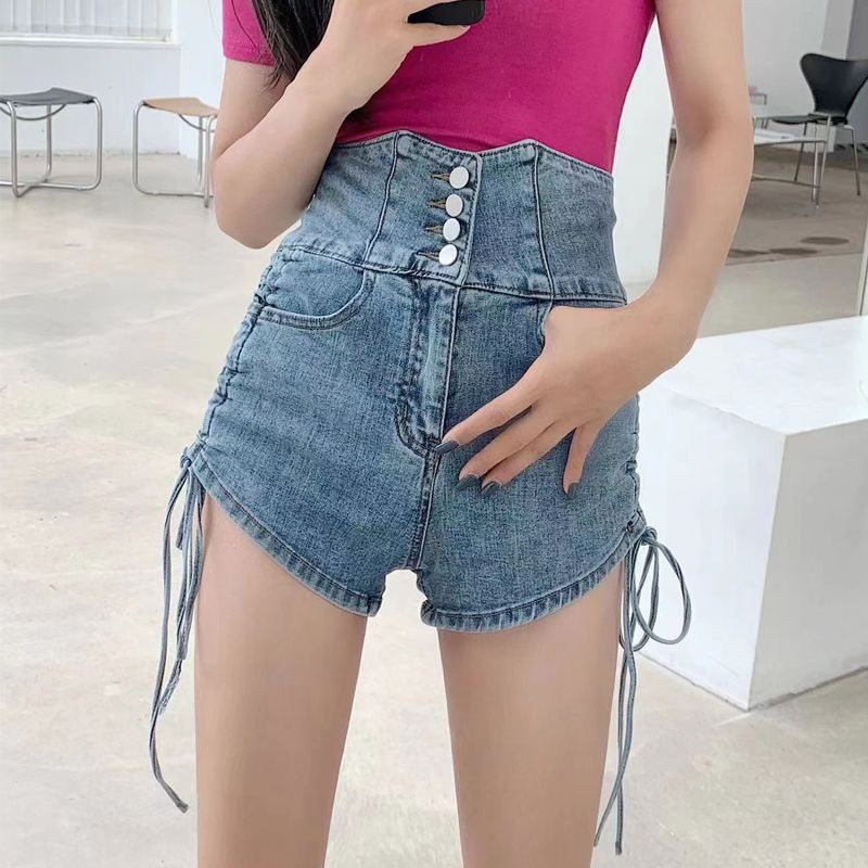 IELGY      Quần Short denim Dây Rút Lưng Cao Màu Hồng Thời Trang Cho Nữ