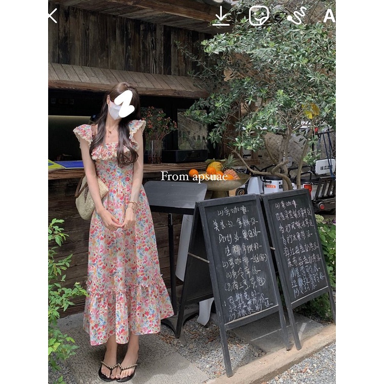 Đầm Dài Cổ Vuông Dáng Ôm In Họa Tiết Hoa Sơn Dầu Thời Trang Mùa Hè Xinh Xắn Cho Nữ