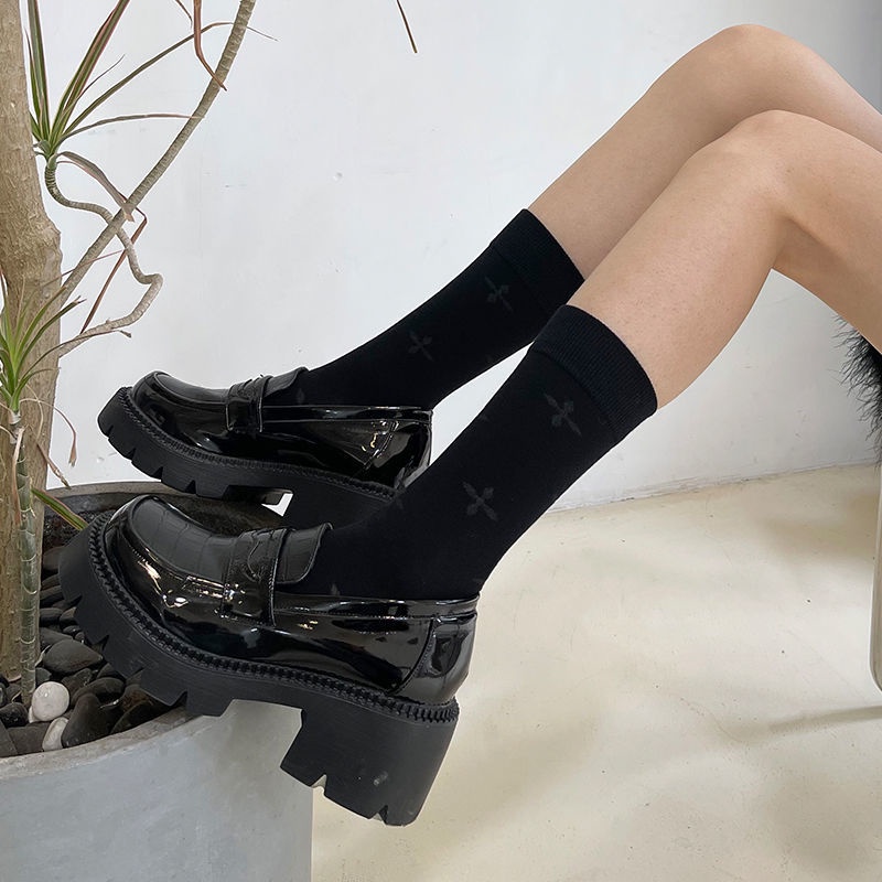 [F &amp; X] Vớ Dài Qua Gối Dệt Kim Jacquard Mỏng Màu Đen Phong Cách Ba Lê Mùa Hè Sân Vườn Đêm Tối Hình Trái Tim Đám Đông Phong Cách Punk Crow