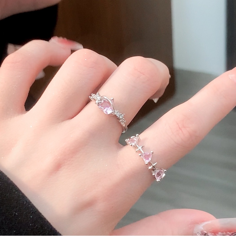 Nhẫn Hình Trái Tim Đính Đá Hồng Phong Cách Harajuku Thời Trang