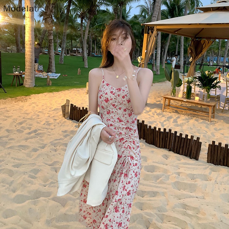 Đầm Midi In Hoa Cổ Chữ V Thanh Lịch Thời Trang Đi Biển Mùa Hè Cho Bạn Gái