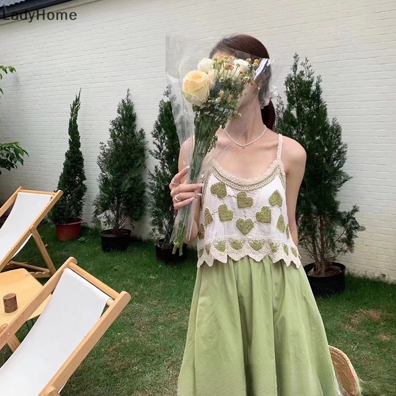 Áo Hai Dây Mùa Hè Dáng Suông Không Tay Thêu Họa Tiết Trái Tim Cổ Điển Cho Nữ