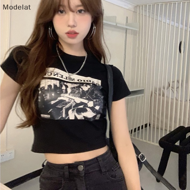 Áo Thun Crop Top Tay Ngắn Cổ Tròn In Họa Tiết Retro Mỹ Thời Trang Mùa Hè Cho Nữ