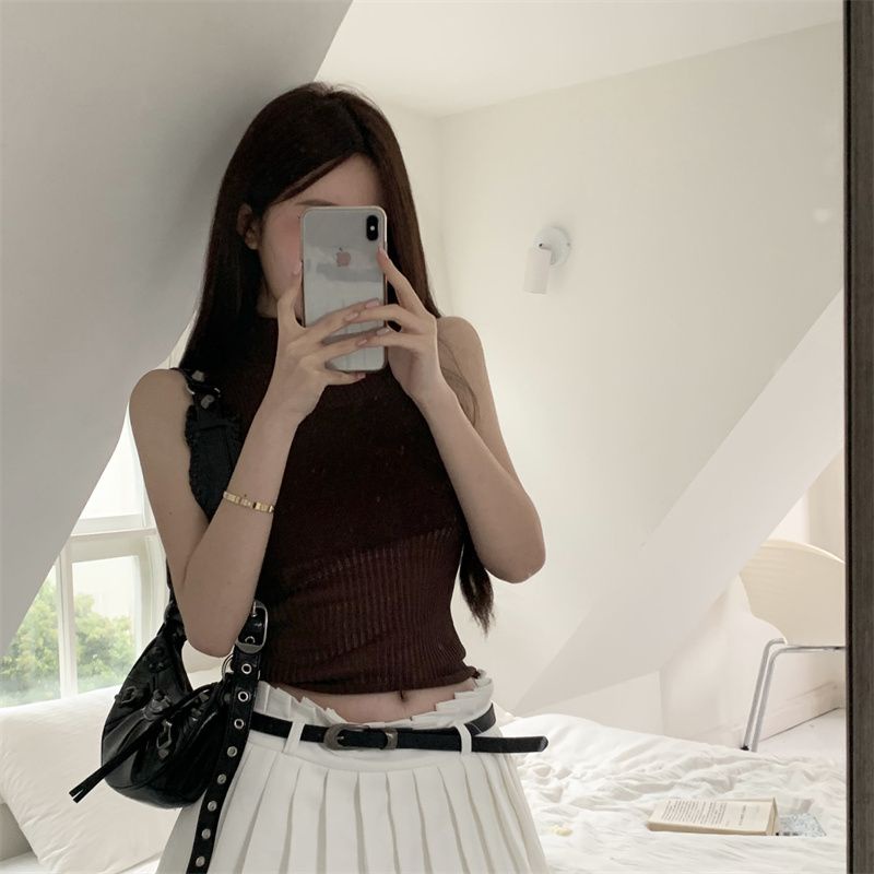 COZOK Áo Dệt Kim Sát Nách Cổ Cao Phong Cách vintage