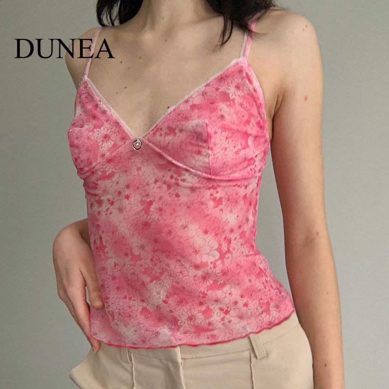 DUNEA Áo Tank Top Cổ Chữ V Phối Lưới Họa Tiết Hoa Quyến Rũ Cho Nữ